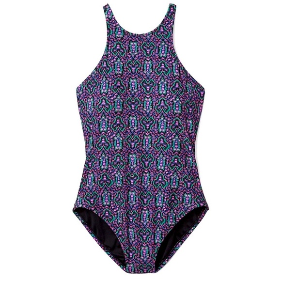 GAP High Neck Cross Back One Piece Bathing Suit Swimsuit Black Pattern - Picture 1 of 5